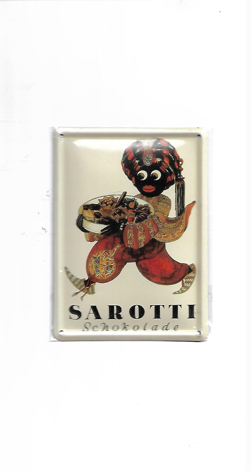 „Blechpostkarte Sarotti Schokolade – gewölbte, randgeprägte Vintage‑Metallpostkarte mit historischem Reklamemotiv“