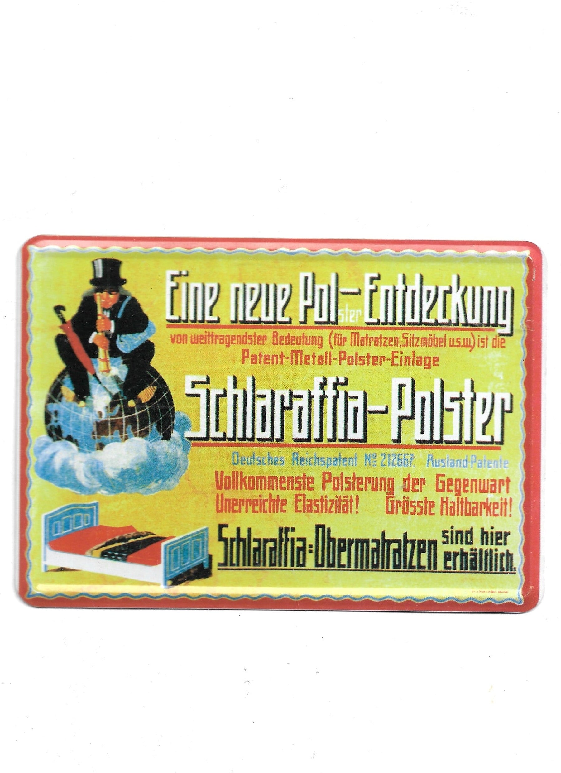 „Blechpostkarte Schlaraffia‑Polster – Patent‑Werbung mit Gentleman und Weltkugel, gewölbt und randgeprägt im Vintage‑Stil“