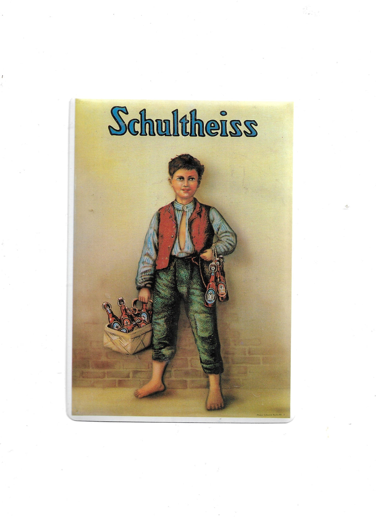 „Blechpostkarte Schultheiss’ Bock Bier - bierjunge, farbstarkes Retro‑Bierwerbemotiv auf stabilem Blechträger, sehr guter Zustand mit leichten Gebrauchsspuren, ideal für Sammler historischer Werbung.“