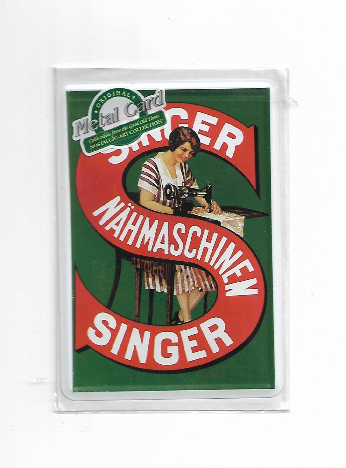 „Blechpostkarte Singer Nähmaschinen – gewölbte, randgeprägte Vintage‑Metallpostkarte von Nostalgic Art“