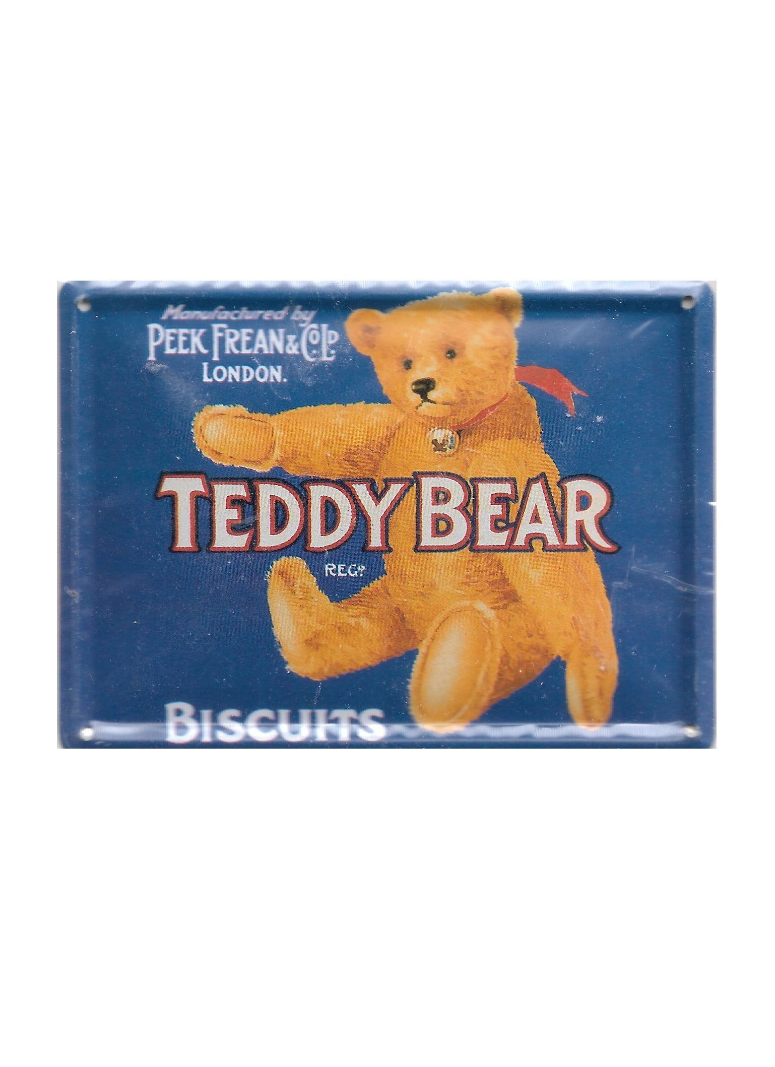 „Blechpostkarte Teddy Bear – gewölbte, randgeprägte Vintage‑Metallpostkarte mit nostalgischem Teddybär‑Motiv - Werbemotiv für Biscuits“