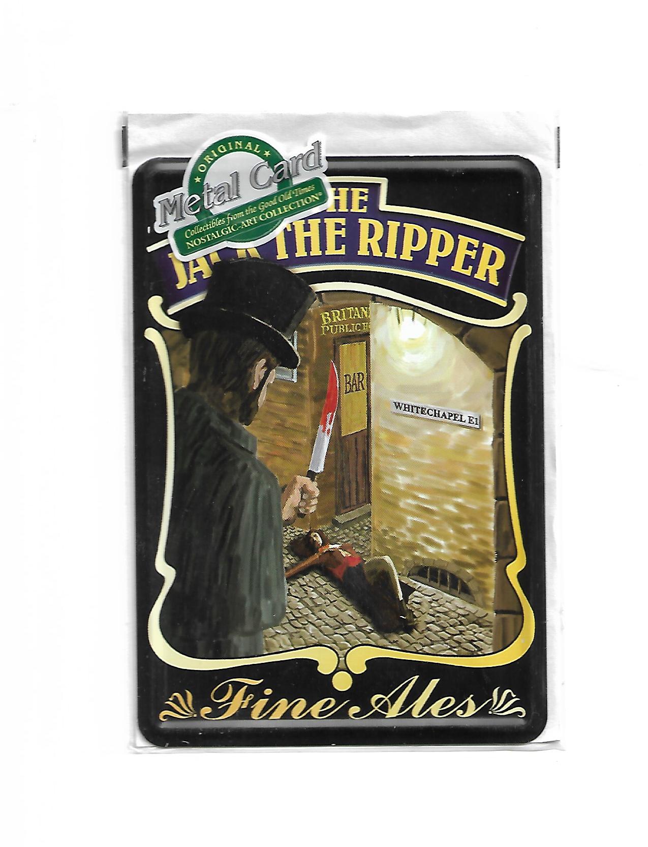 „Gewölbte und randgeprägte Blechpostkarte Jack the Ripper – Fine Ales von Nostalgic Art, 10 × 14 cm, papierbeschichtete Rückseite.“
