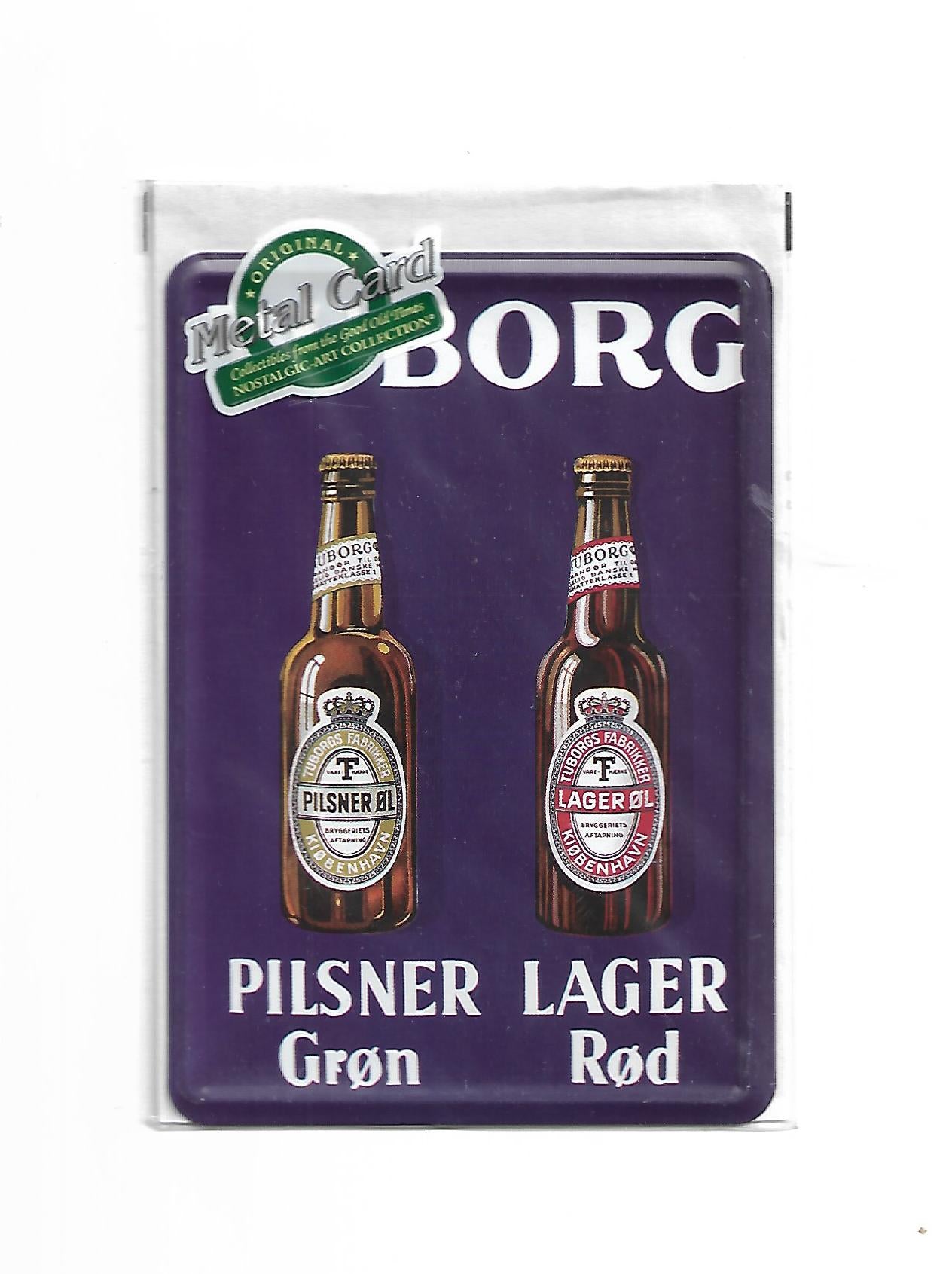 „Blechpostkarte Tuborg – gewölbte, randgeprägte Vintage‑Metallpostkarte mit klassischer Bierwerbung“