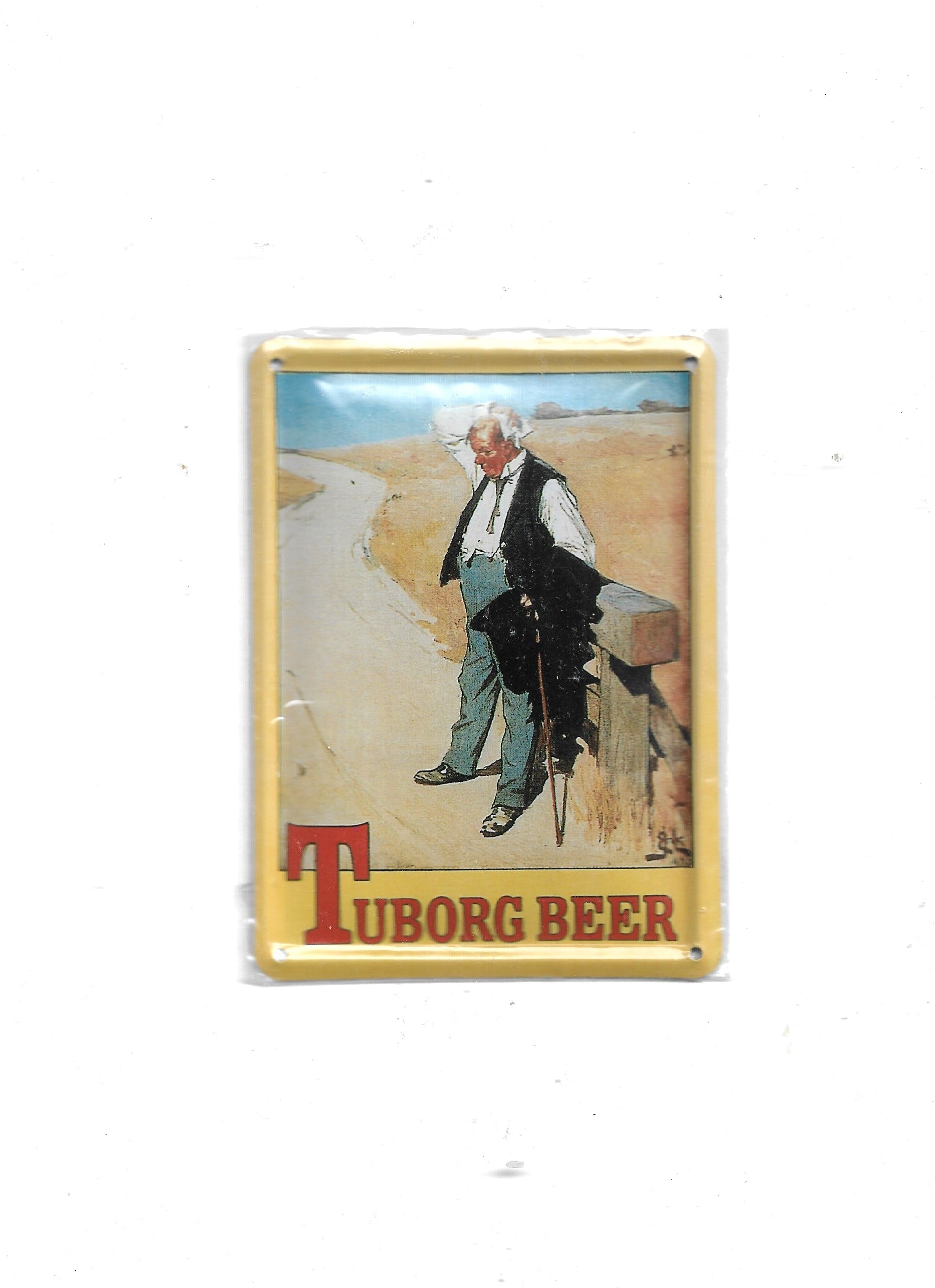 „Blechpostkarte Tuborg Beer – gewölbte, randgeprägte Vintage‑Metallpostkarte im klassischen Bierwerbestil -Es zeigt das historische Werbemotiv "Der durstige Mann" des dänischen Künstlers Erik Henningsen aus dem Jahr 1900.