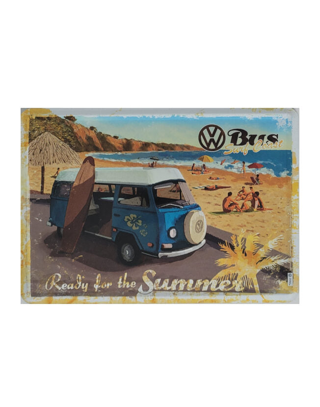„Blechpostkarte VW Bulli Ready for the summer, Nostalgic Art, gewölbt und randgeprägt, 10×14 cm, makelloser Zustand“