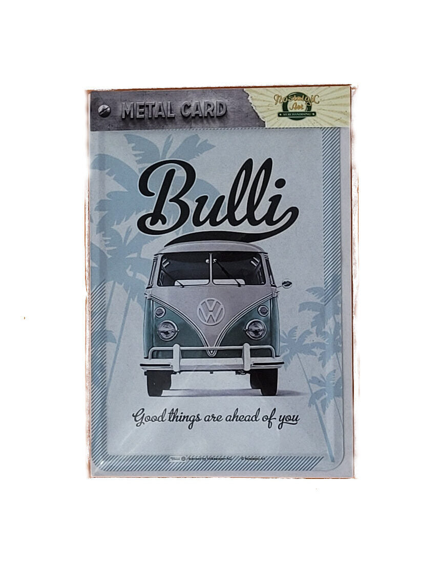 „Blechpostkarte VW Bulli – Good things are ahead of you, gewölbt und randgeprägt, Vintage‑Metallpostkarte von Nostalgic Art“