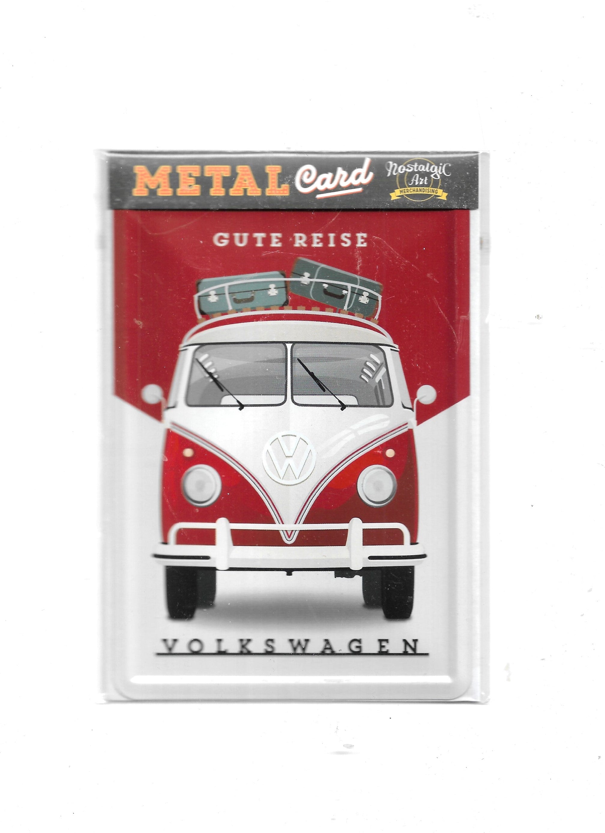 „Blechpostkarte VW Bulli – Gute Reise, gewölbt und randgeprägt, Vintage‑Metallpostkarte von Nostalgic Art“
