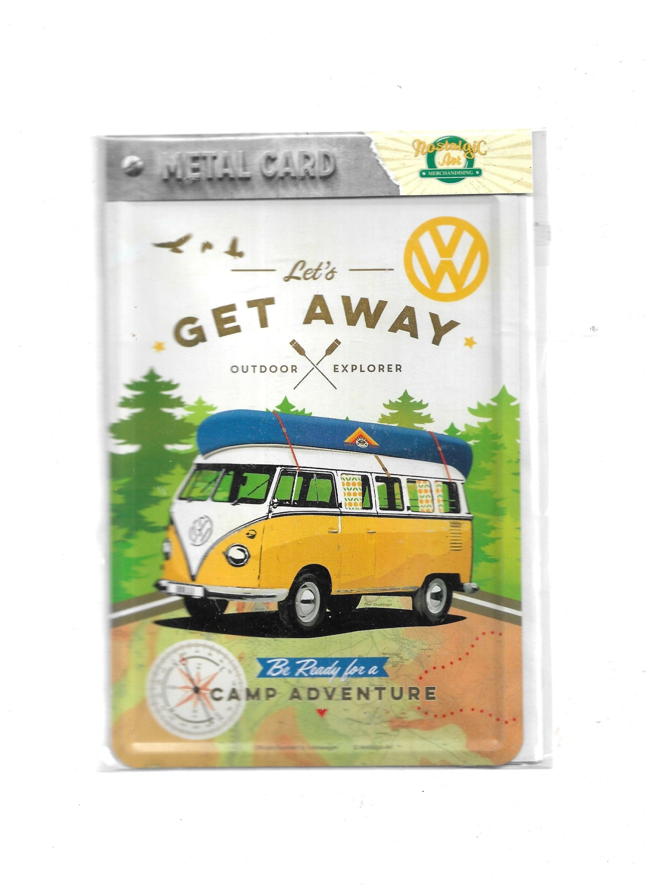 „Blechpostkarte VW Bulli – Let’s Get Away, gewölbt und randgeprägt, Vintage‑Metallpostkarte von Nostalgic Art“