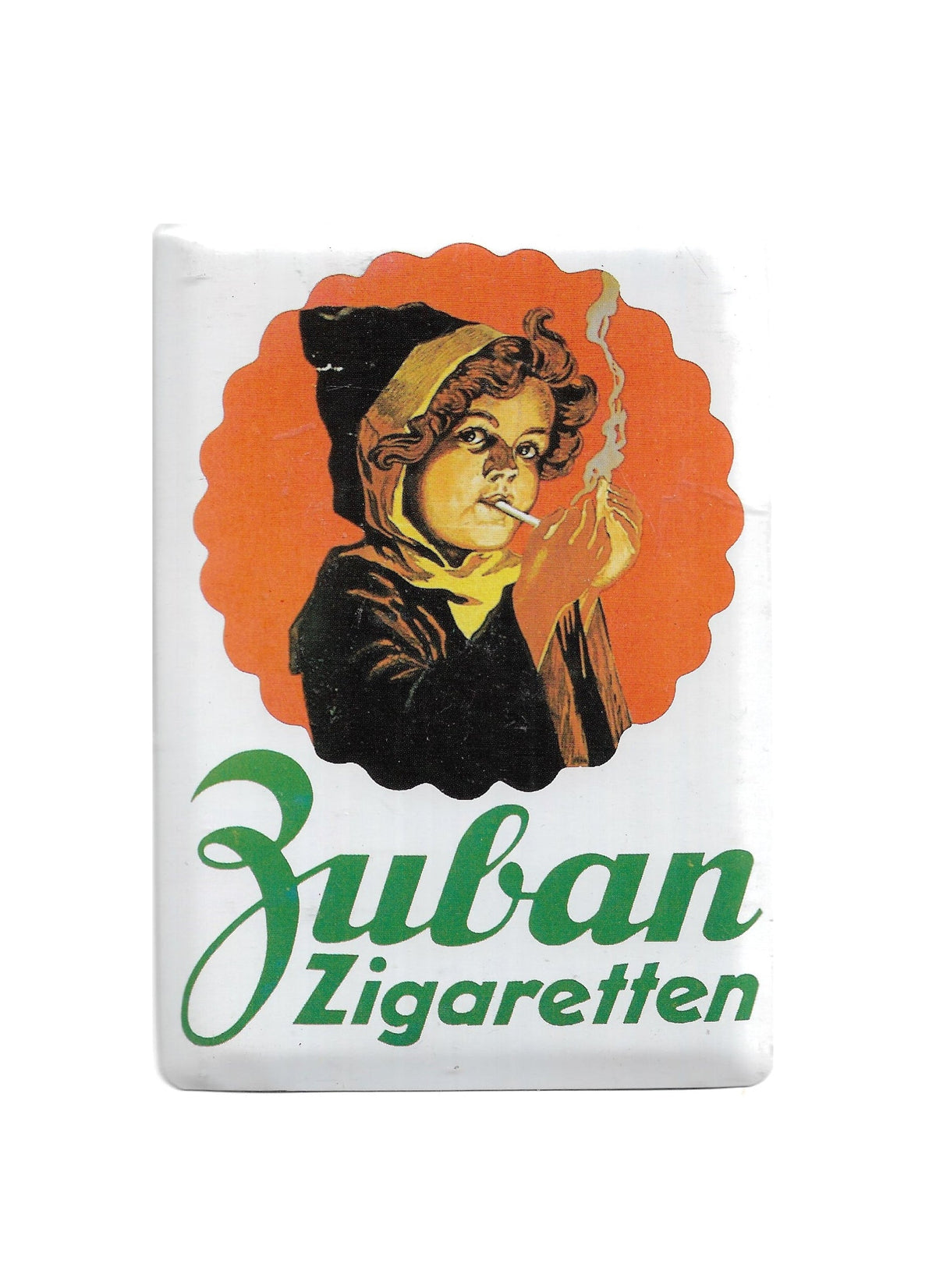 Blechpostkarte Zuban Zigaretten, gewölbt und randgeprägt, Rückseite weiß beschichtet, leichte Gebrauchsspuren.