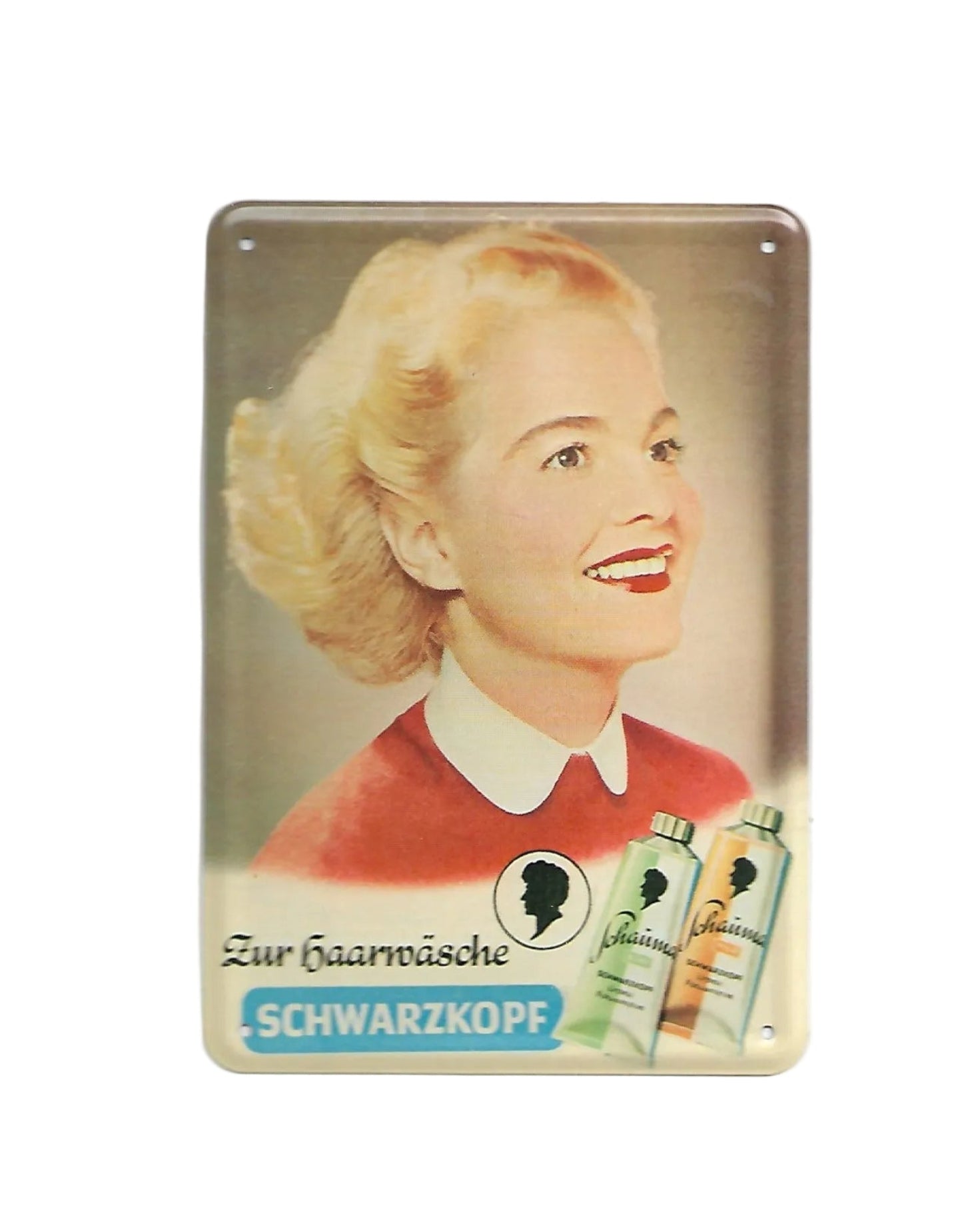 „Blechpostkarte Zur Haarwäsche Schwarzkopf – gewölbte, randgeprägte Vintage‑Metallpostkarte mit Retro‑Kosmetikwerbung“
