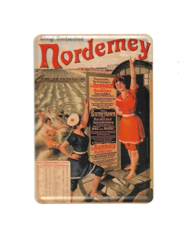 „Blechpostkarte mit Vintage-Strandmotiv: Badegäste in Norderney, Dampfschiff-Fahrplan, ca. 10 × 14 cm.“
