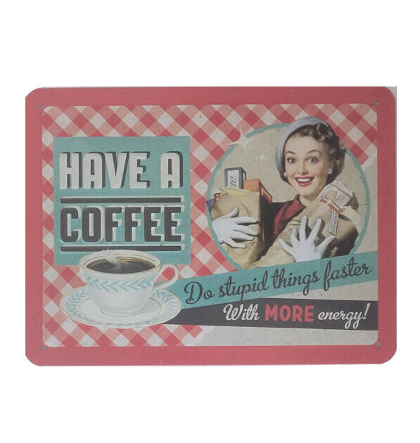 „Retro-Blechschild ‚Have a coffee‘ im Format 15 × 20 cm, Nostalgic Art, kariertes Design.“