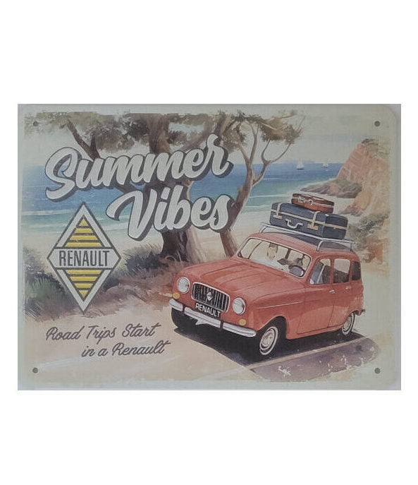 „Retro-Blechschild Renault ‚Summer Vibes‘, 15 × 20 cm, Nostalgic Art, farbiges Strand‑ und Auto‑Motiv.“