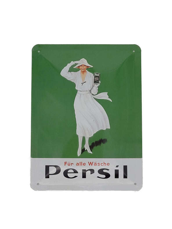 Blechschild 15x20 cm grüner Hintergrund davor eine Dame in weiß gekleidet darunter der Slogan für alle Wäsche Persil