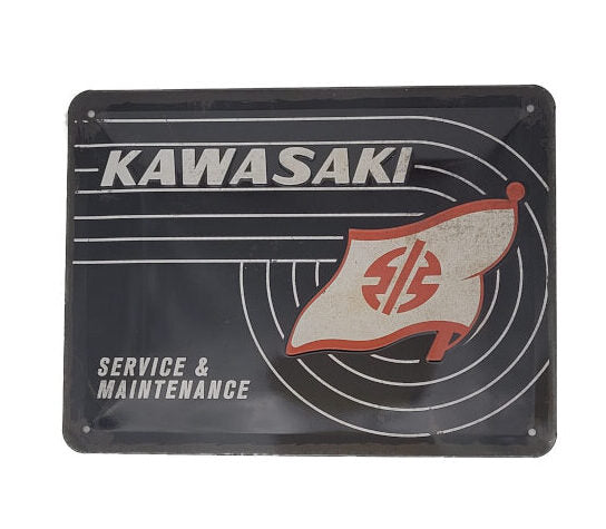 der Hintergrund ist schwarz, darauf das Tank-Logo in weißen Linien, eine Fahne in rot-weiß weht ber dem Logo, Aufschrift in weiß Kawasaki Service & Maintenance