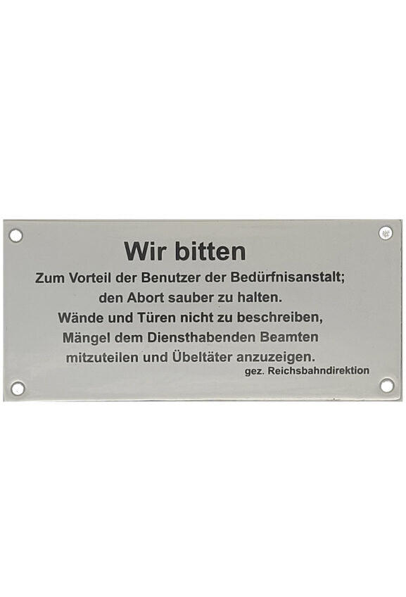 Blechschild Eisenbahn - Wir bitten zum Vorteil der Benutzer der Bedürfnisanstalt... Emailleschild (17,5 x 8 cm)