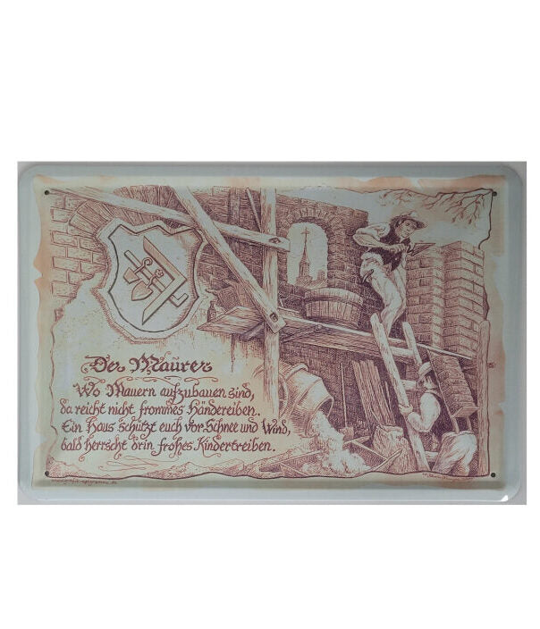 Blechschild Berufe - Die Maurer "einst und heute" (20 x 30 cm)