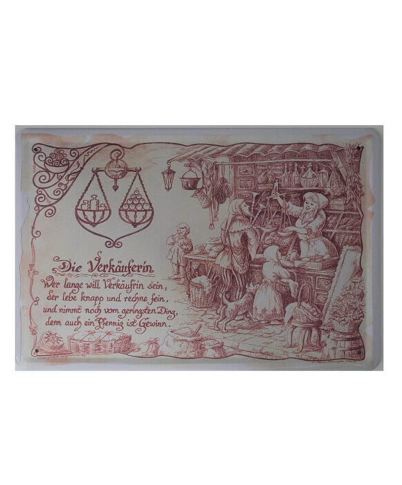Blechschild Berufe - Die Verkäuferin "einst und heute" (20 x 30 cm)