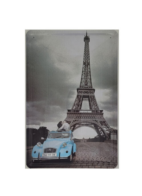 Blechschild CITROEN 2 CV - Ente mit Liebespaar vor dem Eifelturm (20 x 30 cm)