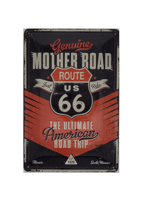 Blechschild Route US 66 - Genuine Motherroad Nostalgic Art (20 x 30 cm)