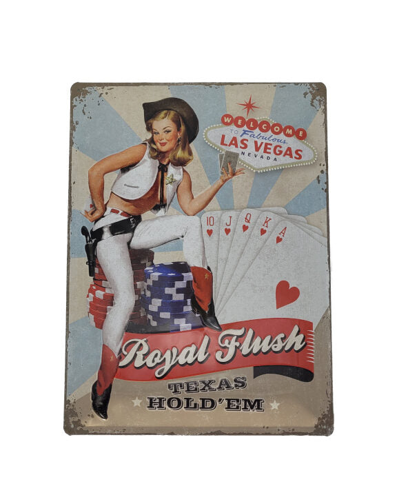 zu sehen ist ein Pin-Up Girl im Western-Look, sie trägt eine weiße Weste mit Scheriffstern, Revolvergürtel, weiße Hose, Westernstiefel , sie lächelt hält Karten in der Hand, rechts von ihr sieht man Spielkarten im Großformat, Jetons dazu geschrieben Royal Flush Texas Hold'Em welcome to fabulous Las Vegas