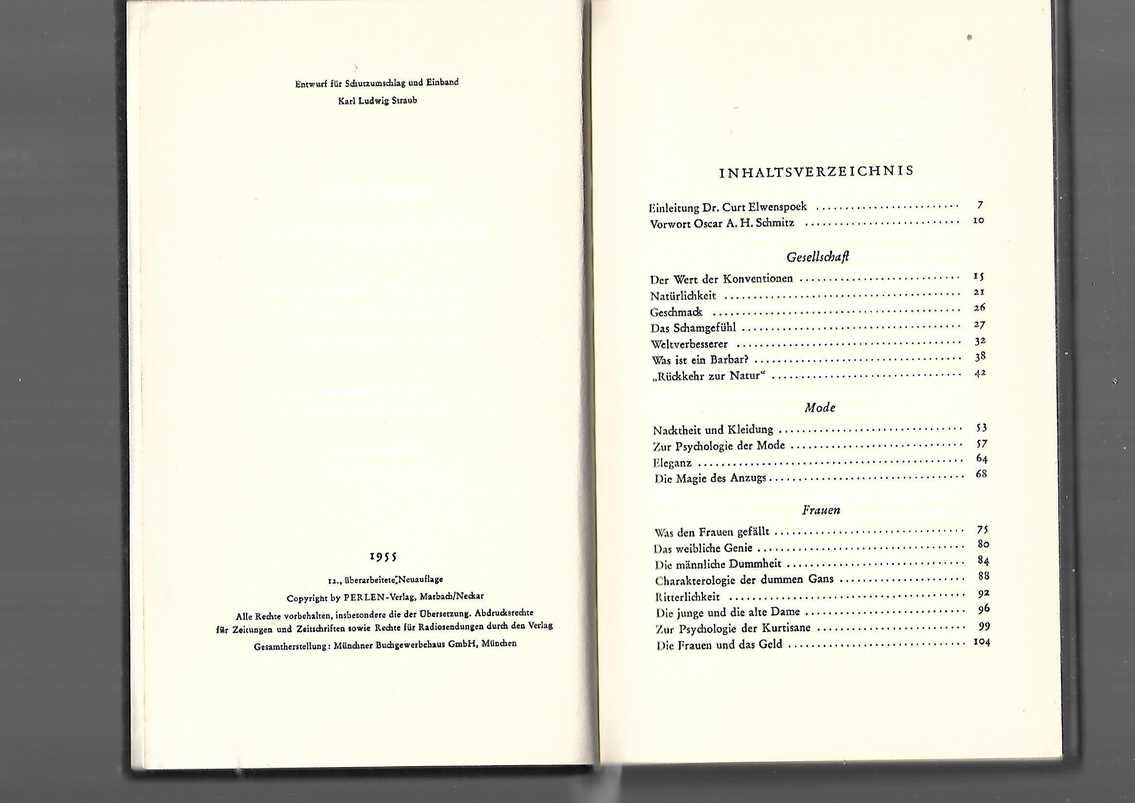 Kulturgeschichte  Oscar Schmitz Brevier für Weltleute Perlen-Verlag 1955 Essays über Gesellschaft, Mode, Frauen, Reisen, Lebenskunst etc.