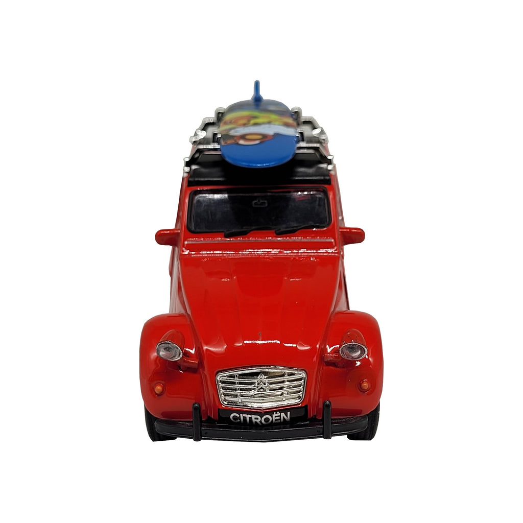 Modellauto Citroen 2 CV (Ente) - mit Surfbrett rot (aus Metall mit Friktionsmotor) 1:34
