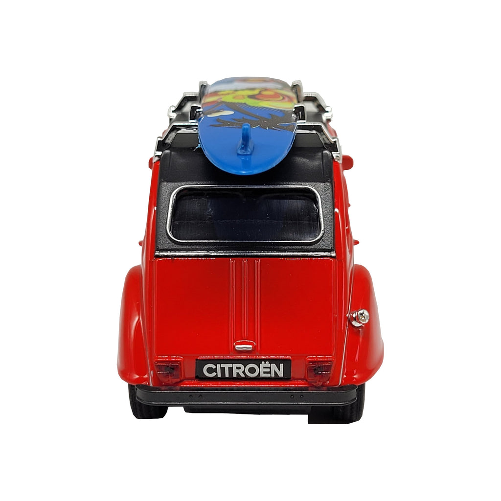 Modellauto Citroen 2 CV (Ente) - mit Surfbrett rot (aus Metall mit Friktionsmotor) 1:34