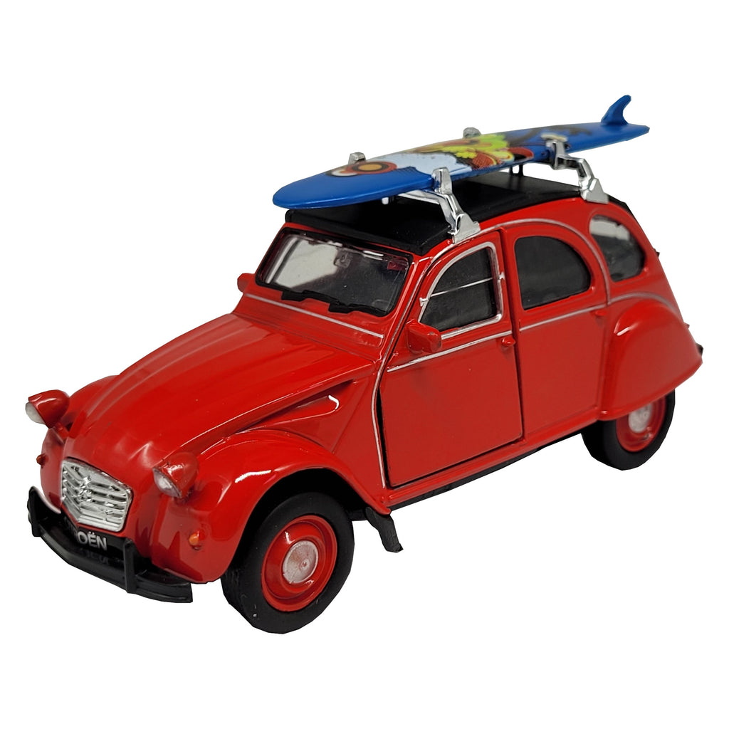 Modellauto Citroen 2 CV (Ente) - mit Surfbrett rot (aus Metall mit Friktionsmotor) 1:34