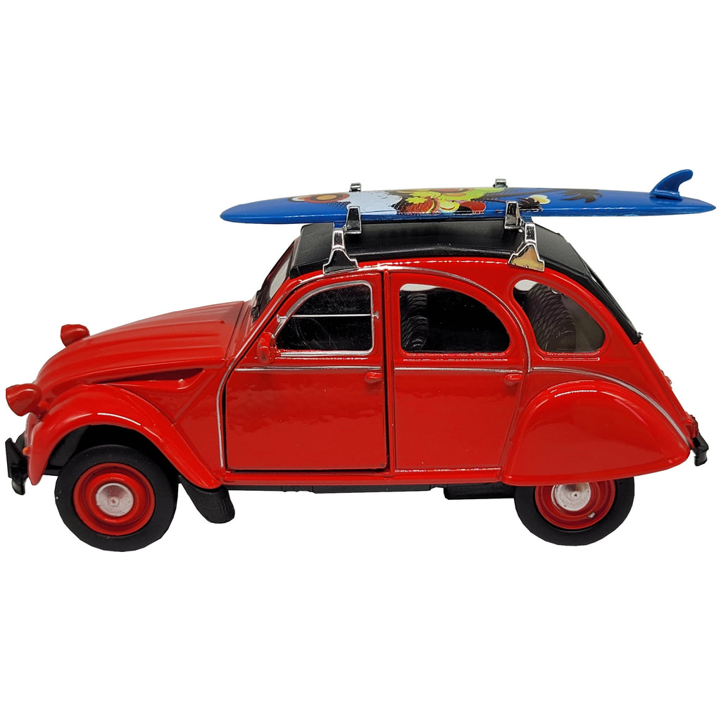 Modellauto Citroen 2 CV (Ente) - mit Surfbrett rot (aus Metall mit Friktionsmotor) 1:34