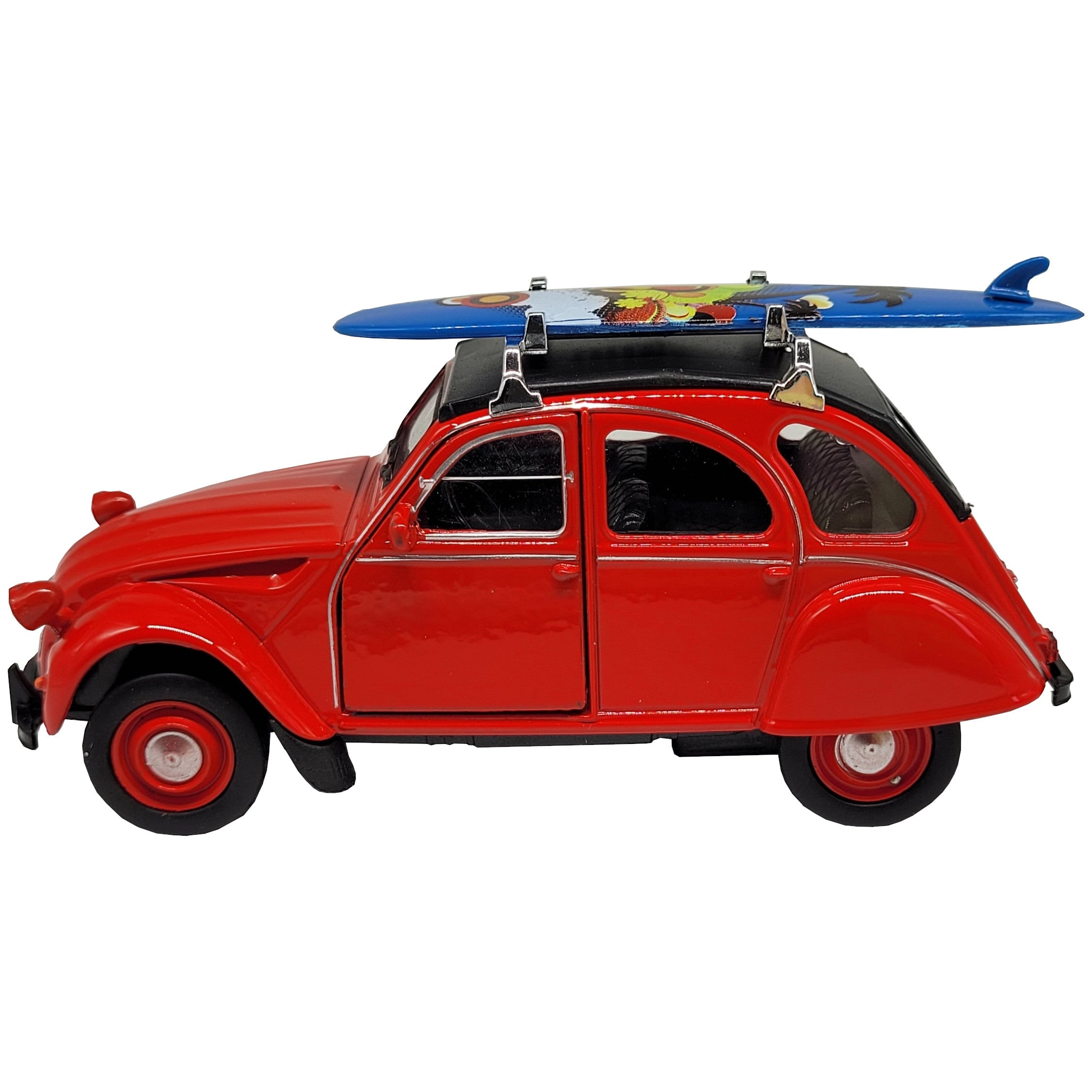 Modellauto Citroen 2 CV (Ente) - mit Surfbrett rot (aus Metall mit Friktionsmotor) 1:34