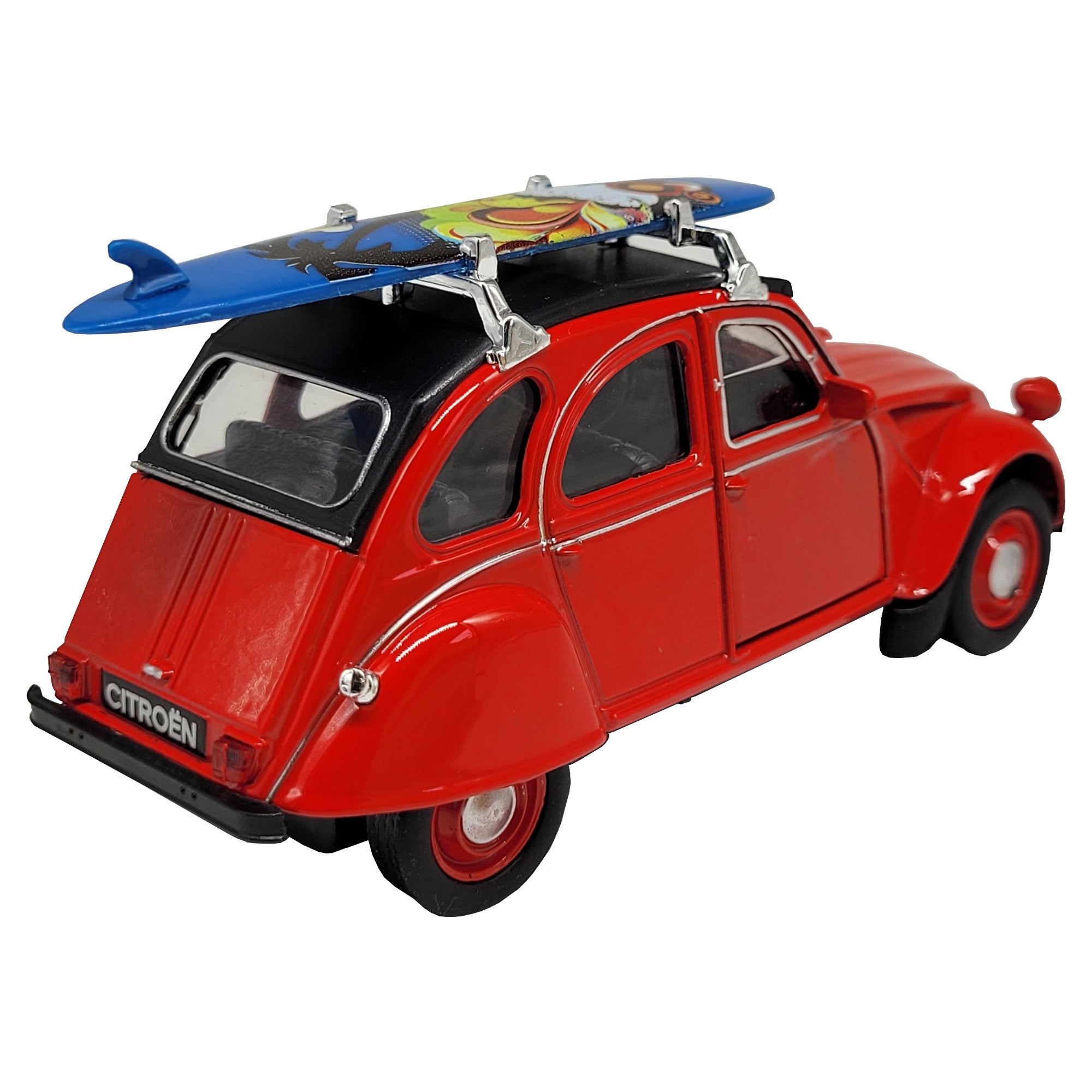 Modellauto Citroen 2 CV (Ente) - mit Surfbrett rot (aus Metall mit Friktionsmotor) 1:34