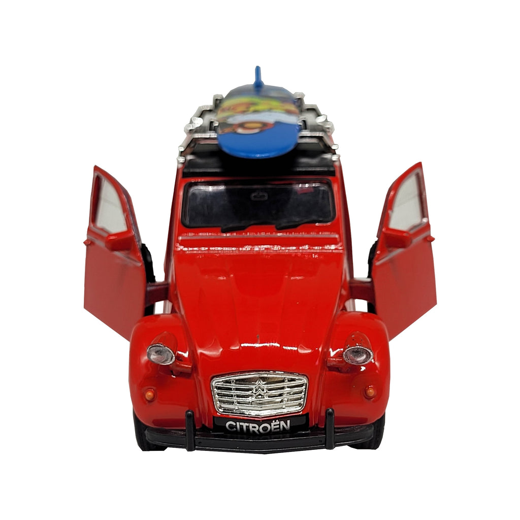Modellauto Citroen 2 CV (Ente) - mit Surfbrett rot (aus Metall mit Friktionsmotor) 1:34