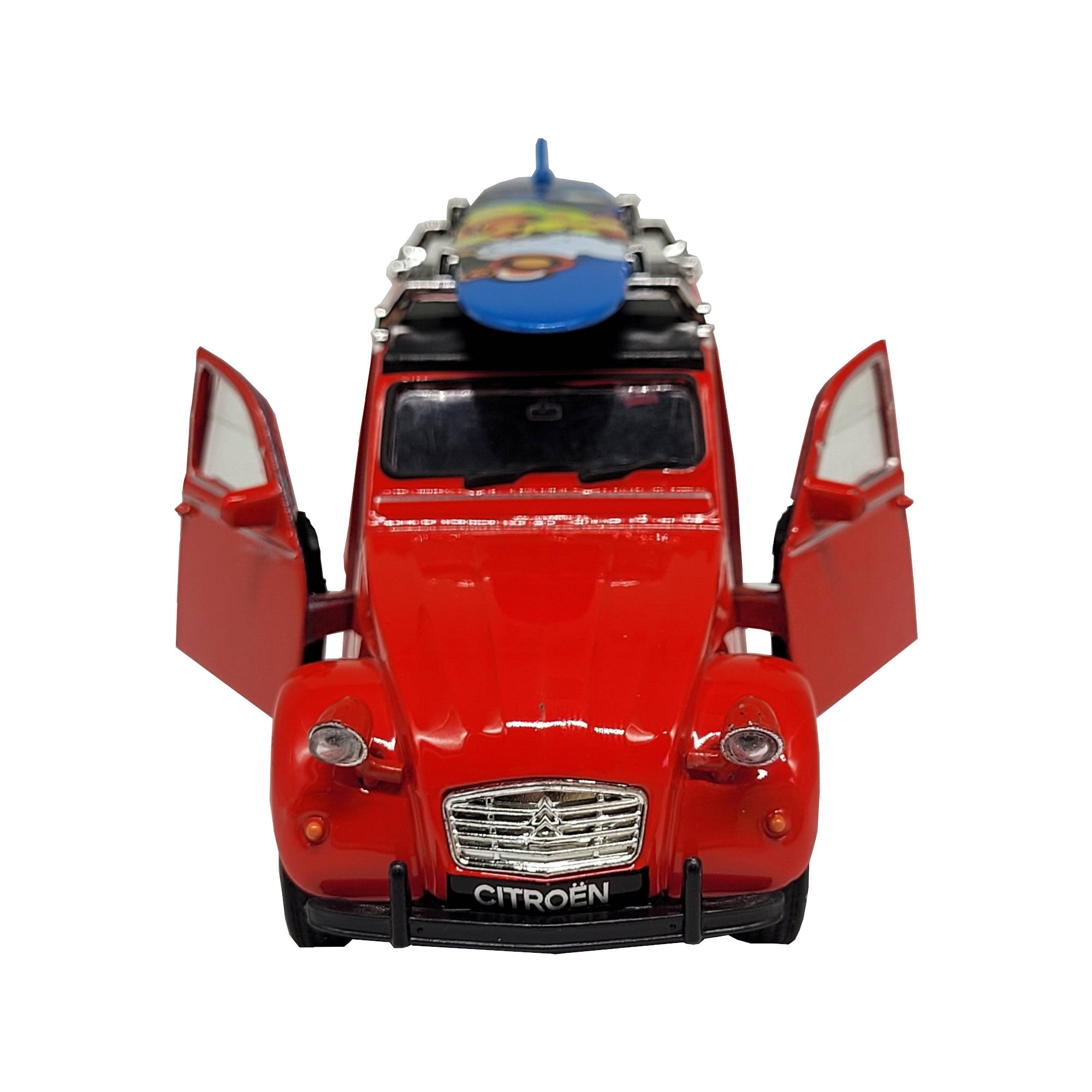 Modellauto Citroen 2 CV (Ente) - mit Surfbrett rot (aus Metall mit Friktionsmotor) 1:34