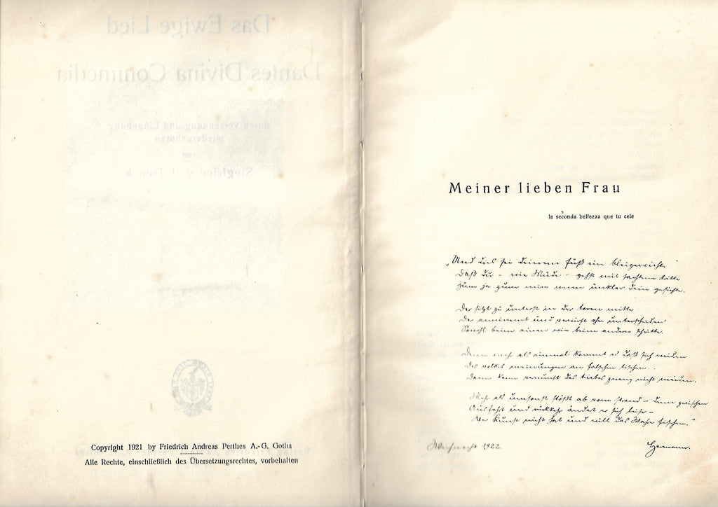 Alte-Bücher Siegfried v.d. Trenck Das ewige Lied Dantes Divina Commedia Verlag F. A. Andreas Perthes A.-G. Gotha 1921