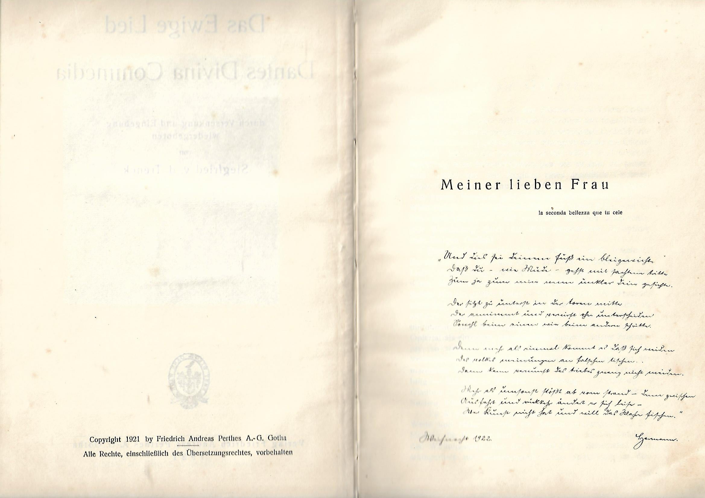 Alte-Bücher Siegfried v.d. Trenck Das ewige Lied Dantes Divina Commedia Verlag F. A. Andreas Perthes A.-G. Gotha 1921
