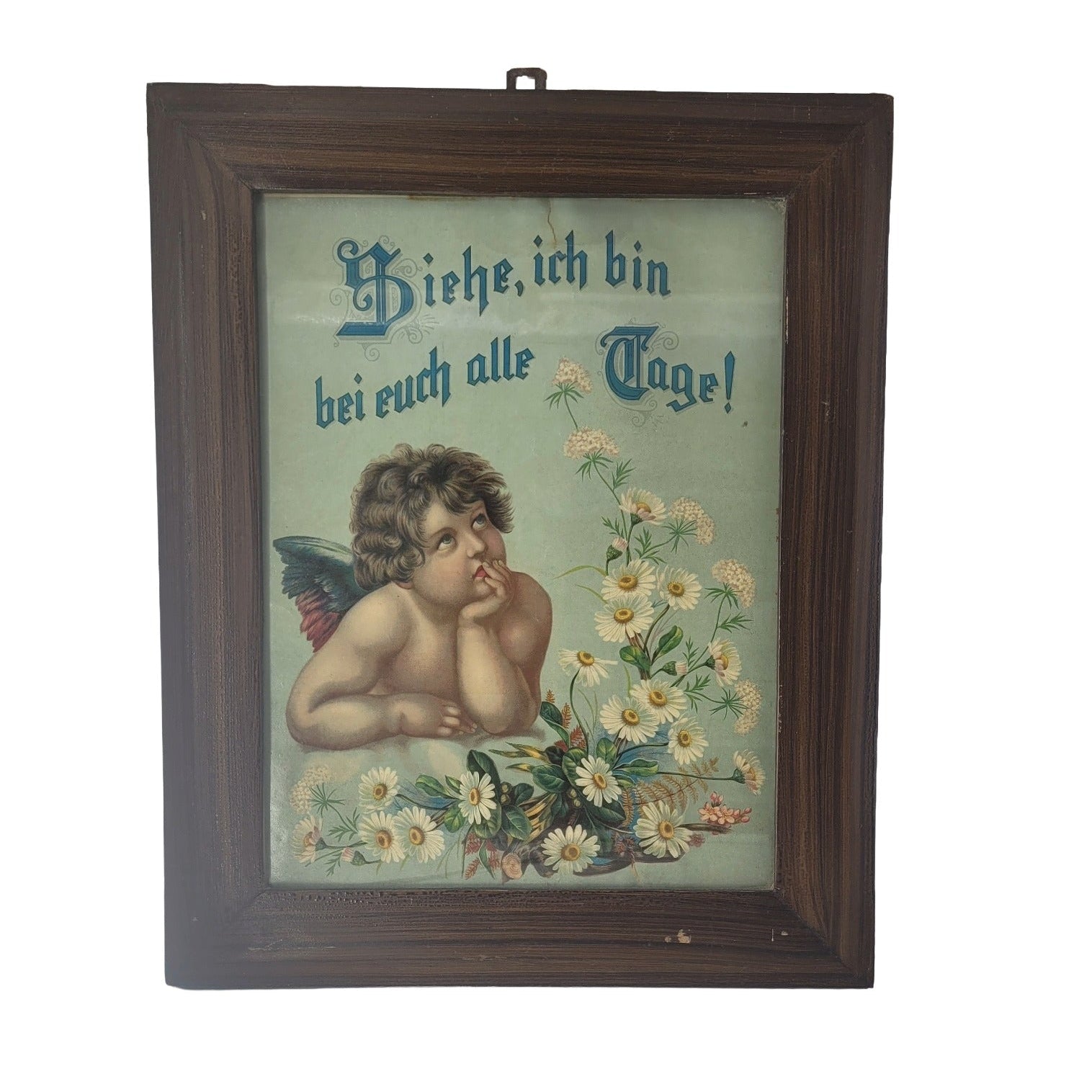 „Gerahmtes Engelbild nach Raffael, kolorierter Druck um 1920, Holzrahmen 55×43 cm, Einriss oben 3 cm, Bibelvers Matthäus 28,20“