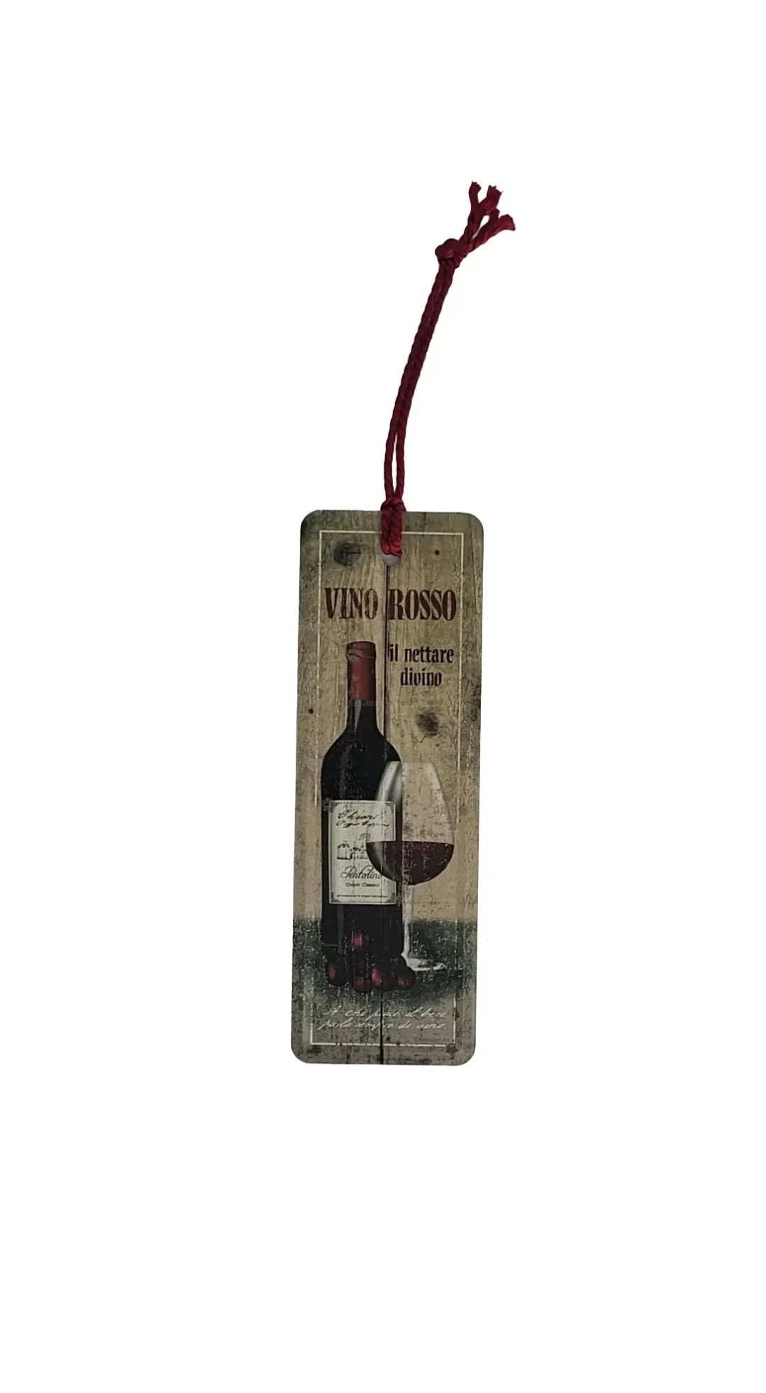Metall-Lesezeichen „Vino Rosso“ mit rotem Schriftzug und dekorativer Kordel; rechteckige Form, Rückseite mit Papier beschichtet, ca. 15 × 5 cm groß, nostalgisches Design von Nostalgic Art.