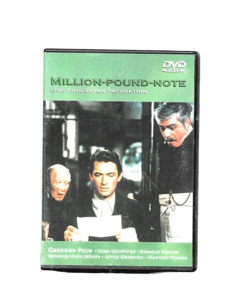 DVD-Cover des Films „Million-Pound-Note“ (London Bryan Production) mit Gregory Peck in der Hauptrolle. Drei Herren in Anzug und Krawatte stehen in einem formellen Raum, vermutlich einem Bankbüro. Der mittlere Mann – Gregory Peck – wird von zwei anderen flankiert, die in ein Gespräch oder eine Transaktion vertieft sind. Die Namen der Darsteller sind in grüner und weißer Schrift auf dem Cover vermerkt.