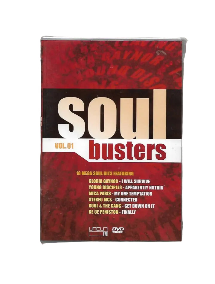 DVD-Cover „Soul Busters – Vol. 1 – 10 Mega Soul Hits“ mit Gloria Gaynor, Kool & the Gang, Commodores und weiteren Soul-Größen. Farbintensives Design mit Künstlerporträts und Songtiteln. Musik-DVD im Retro-Stil mit Klassikern der 70er bis 90er Jahre.