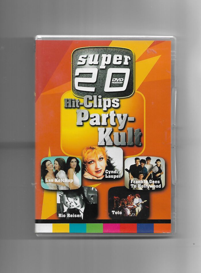 „DVD ‚Super 20 – Hit‑Clips Party‑Kult‘ mit Europe, Toto, Cyndi Lauper und Las Ketchup, gebraucht, FSK 12, EAN 5099798929599.“ 