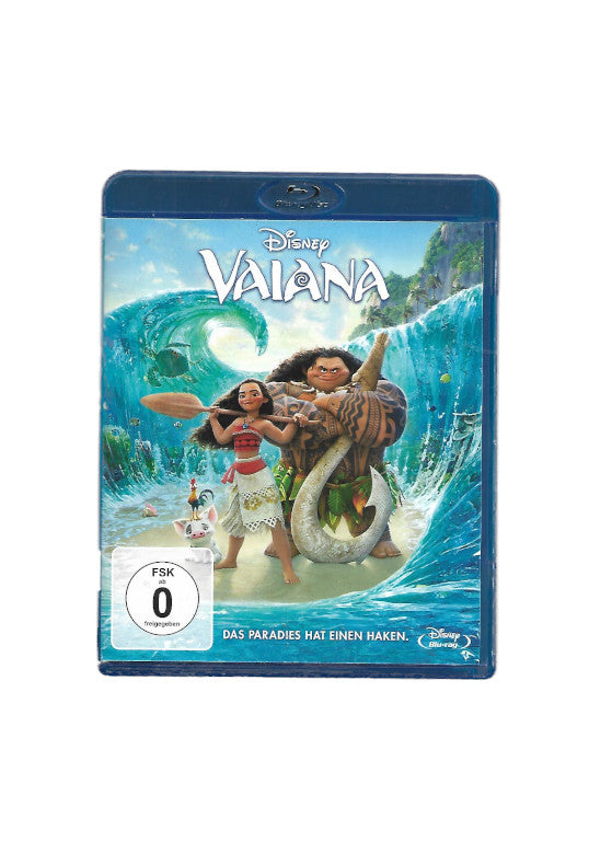 DVD Vaiana - Das Paradies hat einen Haken - Coverbild zeigt die Protagonisten umgeben von einem Wellenmeer eine junge Frau und einen kräftigen Mann im Zeichentrickdesign