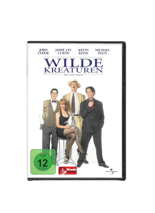 DVD-Cover „Wilde Kreaturen – Bitte nicht füttern!“ mit John Cleese, Jamie Lee Curtis, Kevin Kline und Michael Palin. Das Motiv zeigt das Ensemble in humorvoller Zoo-Atmosphäre, passend zur britischen Komödie über schräge Marketingideen und tierische Missverständnisse. Die Gestaltung erinnert an den Kultfilm „Ein Fisch namens Wanda“ und vermittelt satirischen Charme mit Slapstick-Elementen.