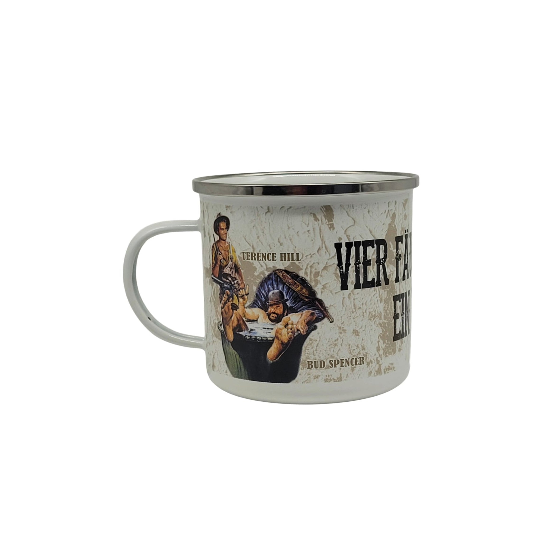 Emaille Becher "Bud Spencer & Terence Hill Vier Fäuste für ein Emaillierter, robuster, stabiler, hochwertiger Becher (Kaffeetasse).Halleluja" 0,5 L 