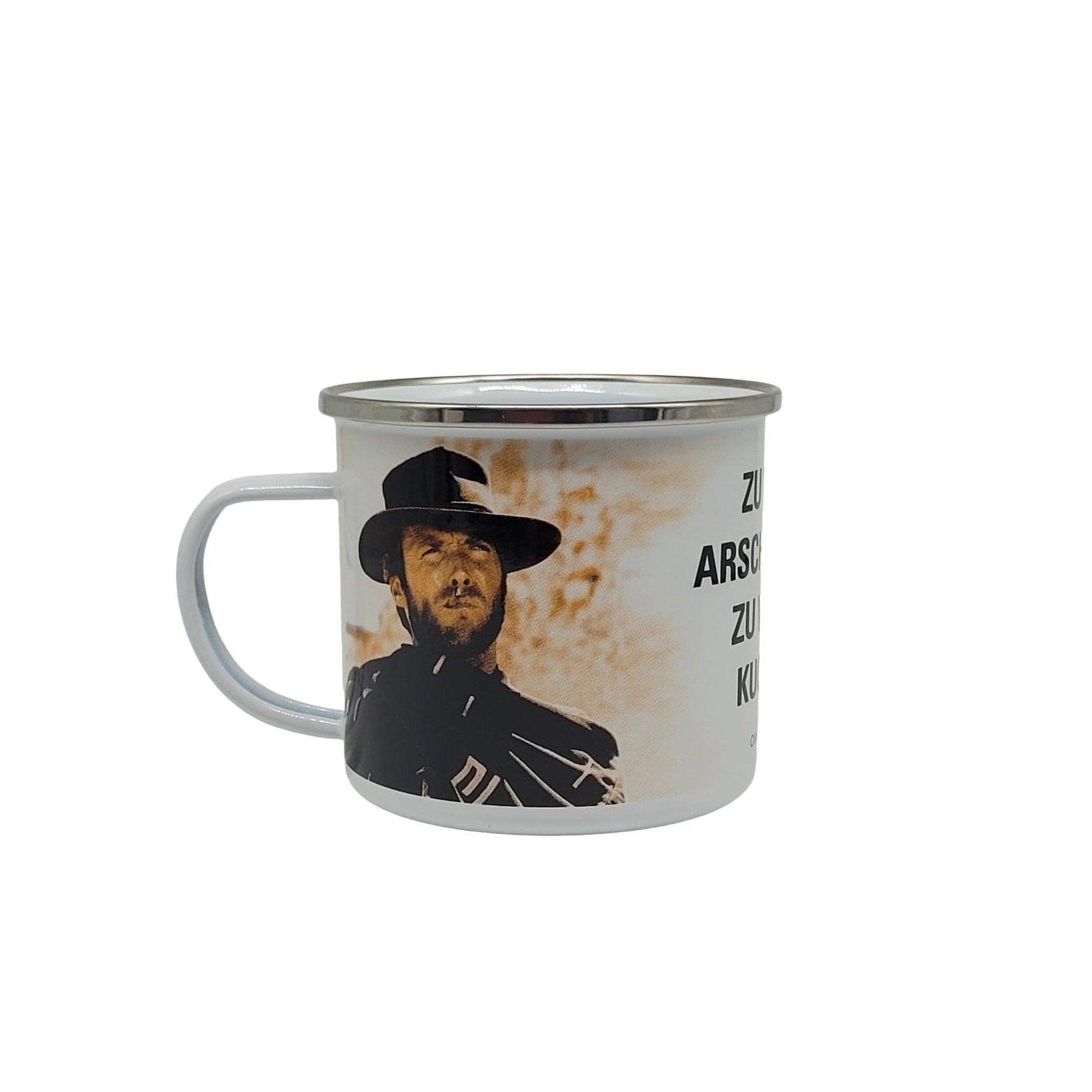 Emaille Becher "Clint Eastwood - Zu viele Arschlöcher zu wenige Kugeln !" 0,5 L Emaillierter, robuster, stabiler, hochwertiger Becher (Kaffeetasse)