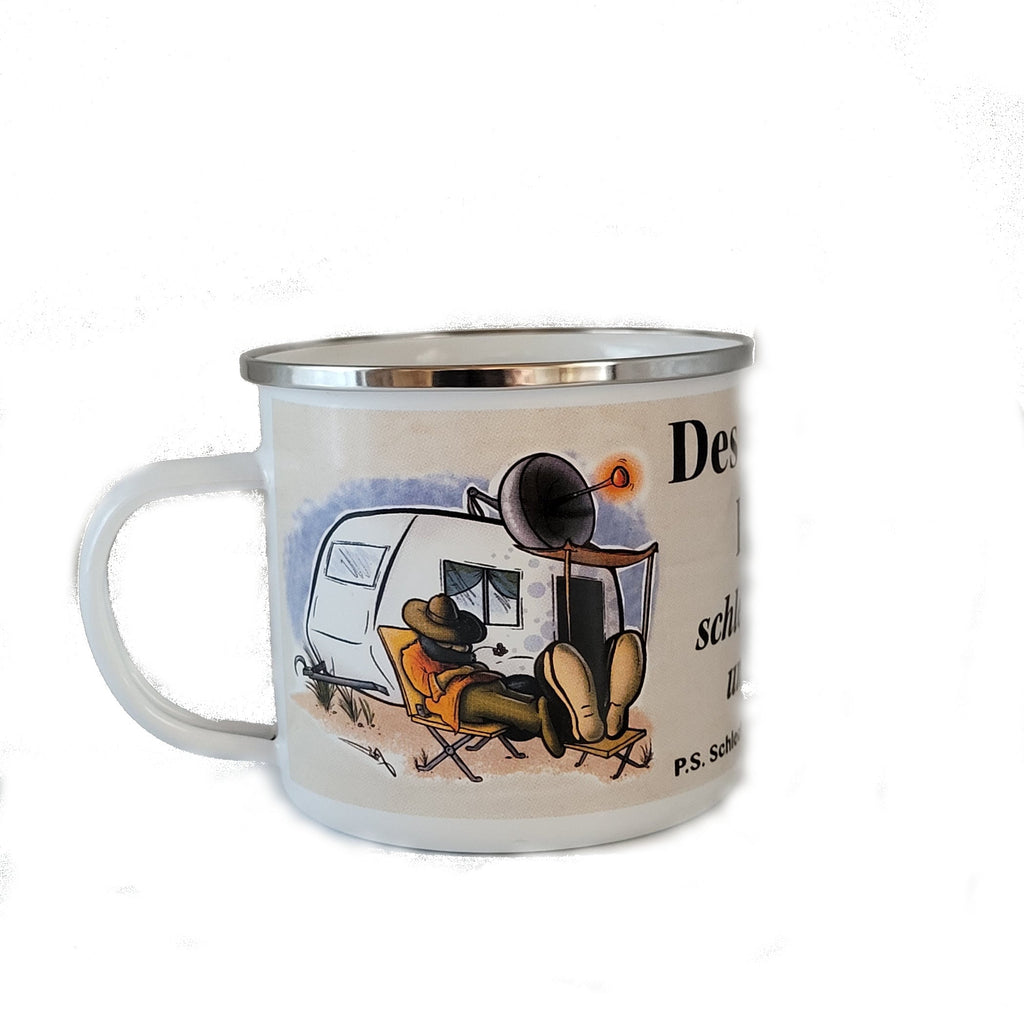 Emaille Becher "Des Campers Fluch - Schlechtes Wetter und Besuch" 0,5 L