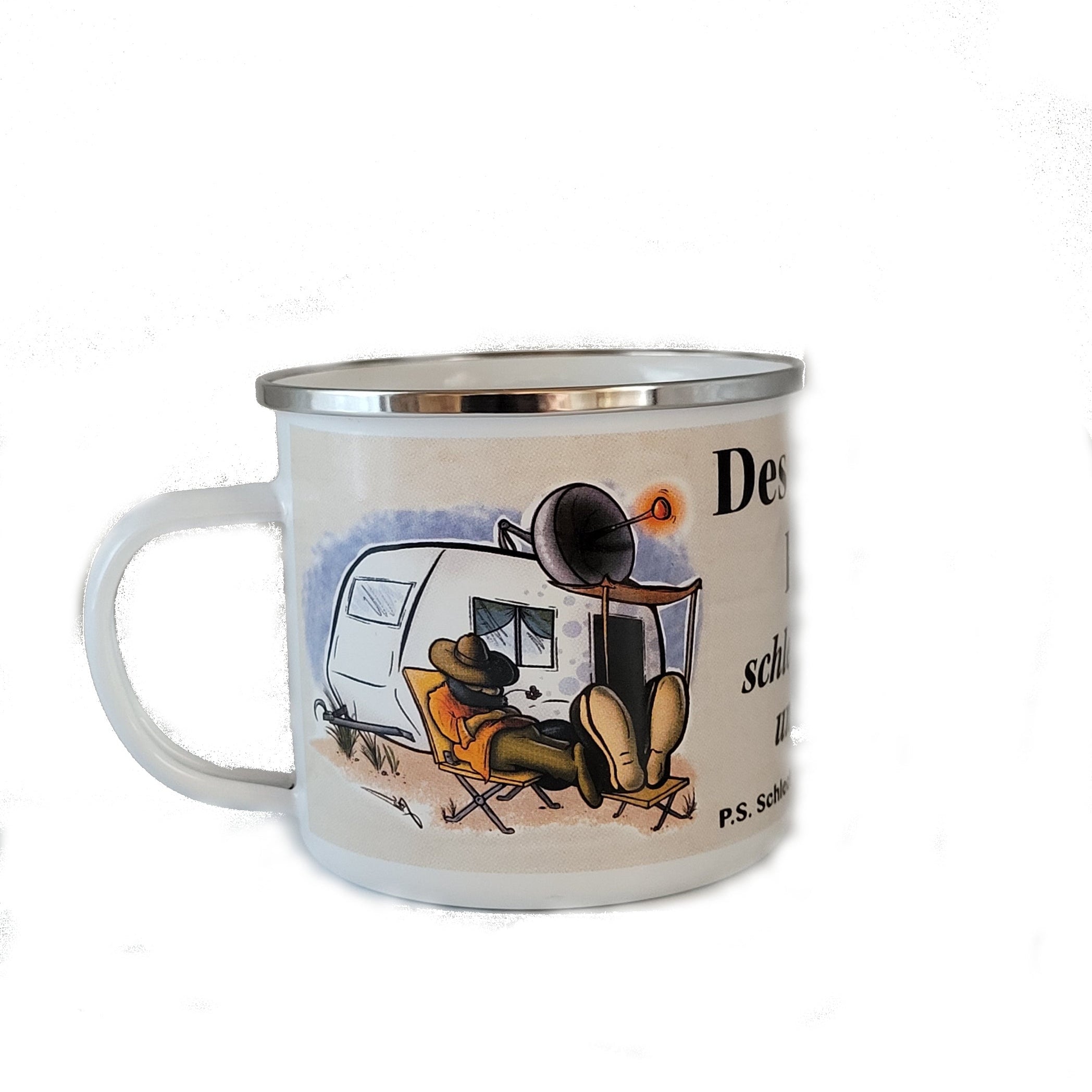 Emaille Becher "Des Campers Fluch - Schlechtes Wetter und Besuch" 0,5 L