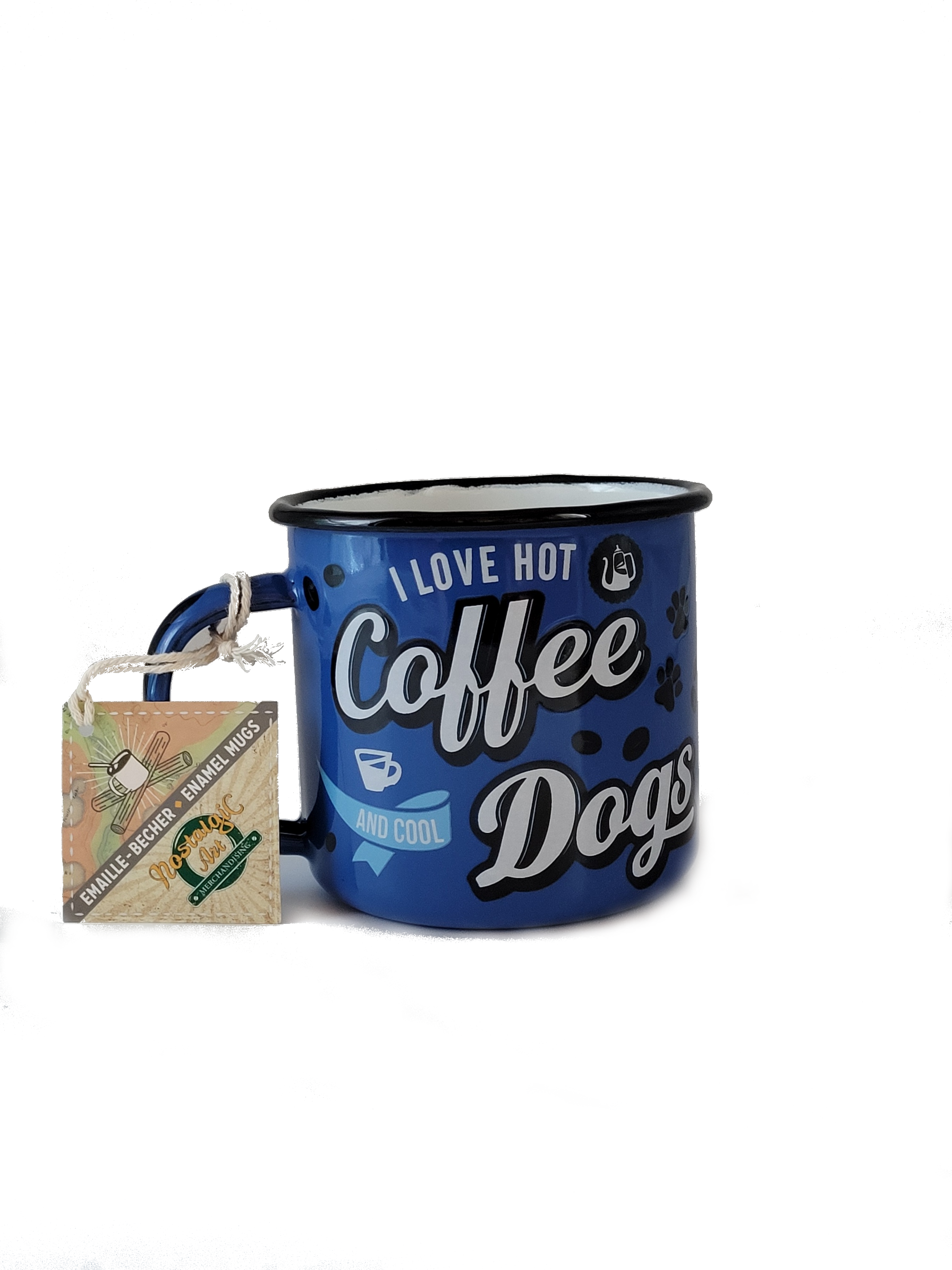 Emaille Becher Kultbecher - I love hot Coffee and cool dogs 0,36 l (Nostalgic Art) maillierter, nahezu unverwüstlicher Becher (Kaffeetasse) aus einer Glas- Metallverbindung.
