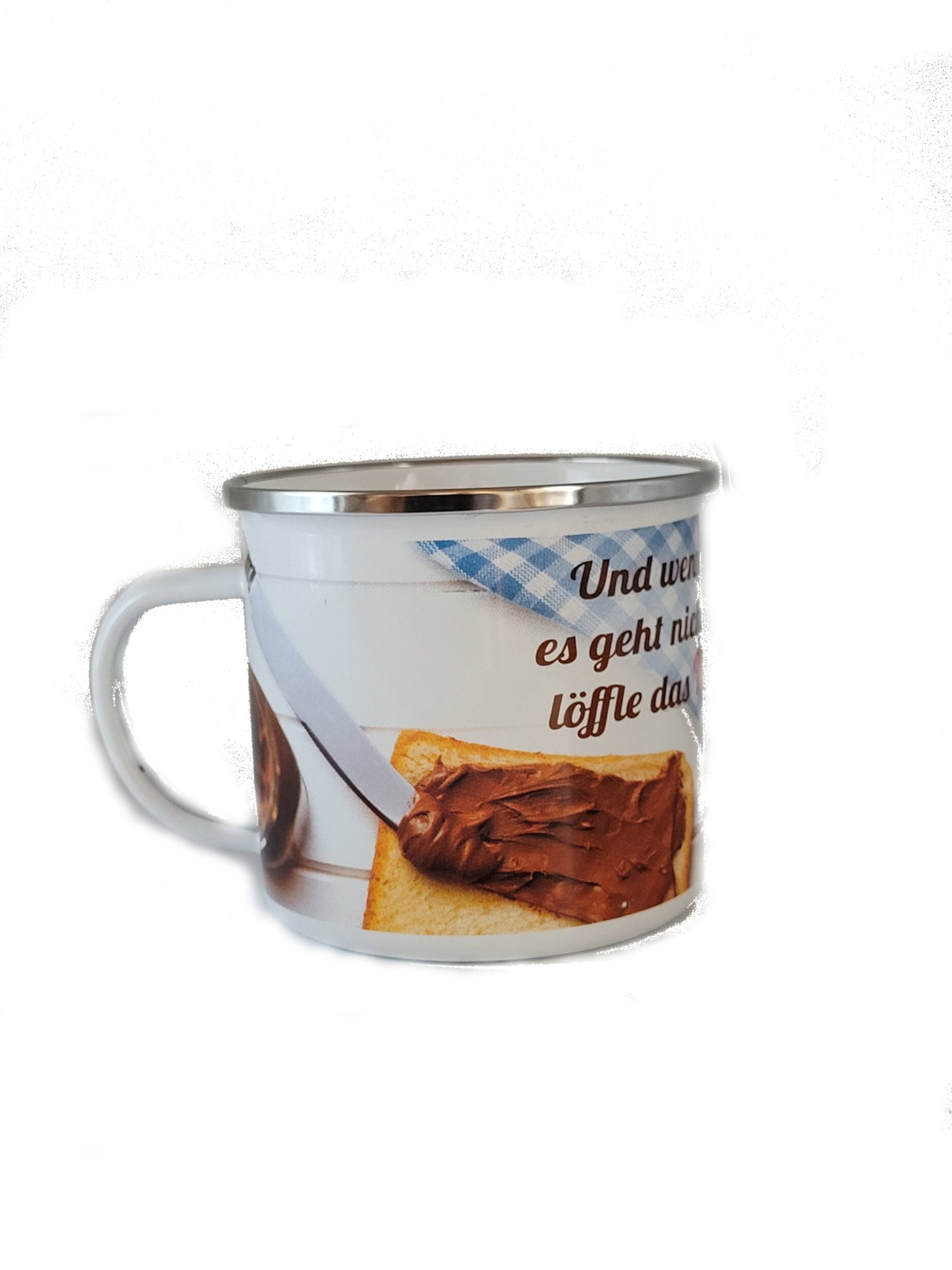 Emaille Becher "Wenn du glaubst es geht nicht mehr - Dann löffle das NUTELLA leer" 0,5 L Emaillierter, robuster, stabiler, hochwertiger Becher (Kaffeetasse)