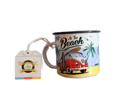 Emaillebecher VW Bulli Beach Strand Surfbrett Palmen Urlaubsfeeling
